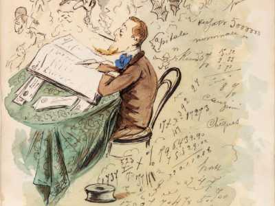 Un autoritratto di Menotti del 1890 dove, seduto alla sua scrivania del suo ufficio da impiegato, fantastica su volti caricaturali che appaiono tra i fumi della sua pipa 
